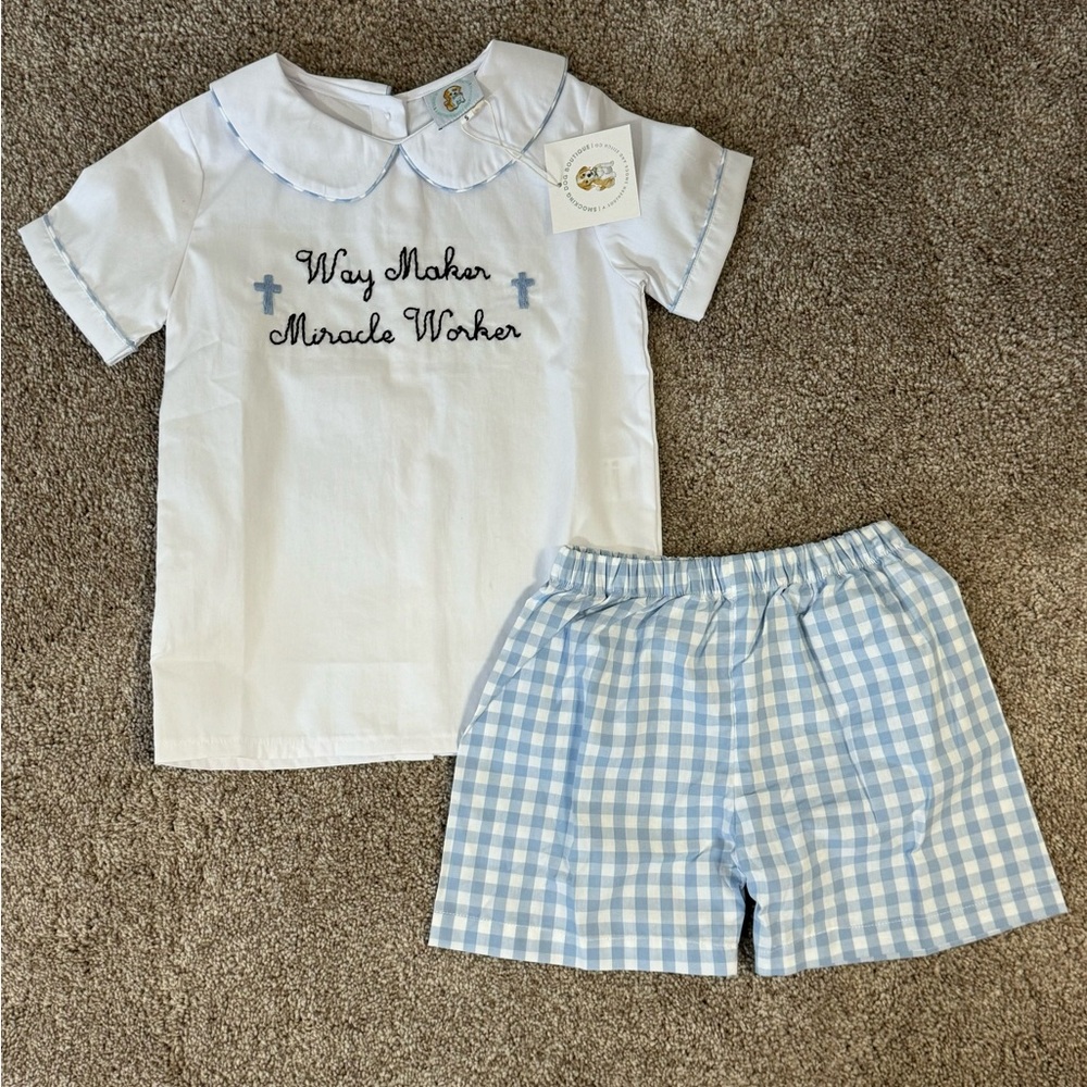 White and Blue Embroidered Shirt and Gingham Shorts Set